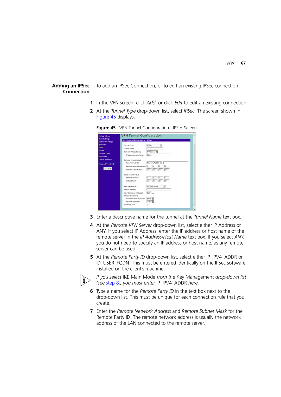 HP 100 Router manual Connection, VPN Tunnel Configuration IPSec Screen 