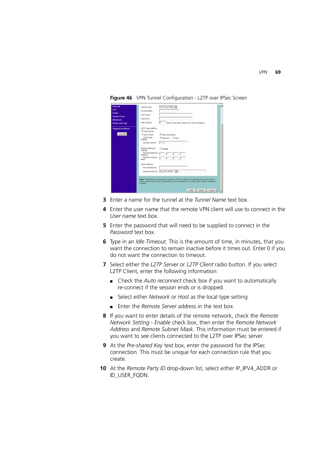 HP 100 Router manual VPN Tunnel Configuration L2TP over IPSec Screen 