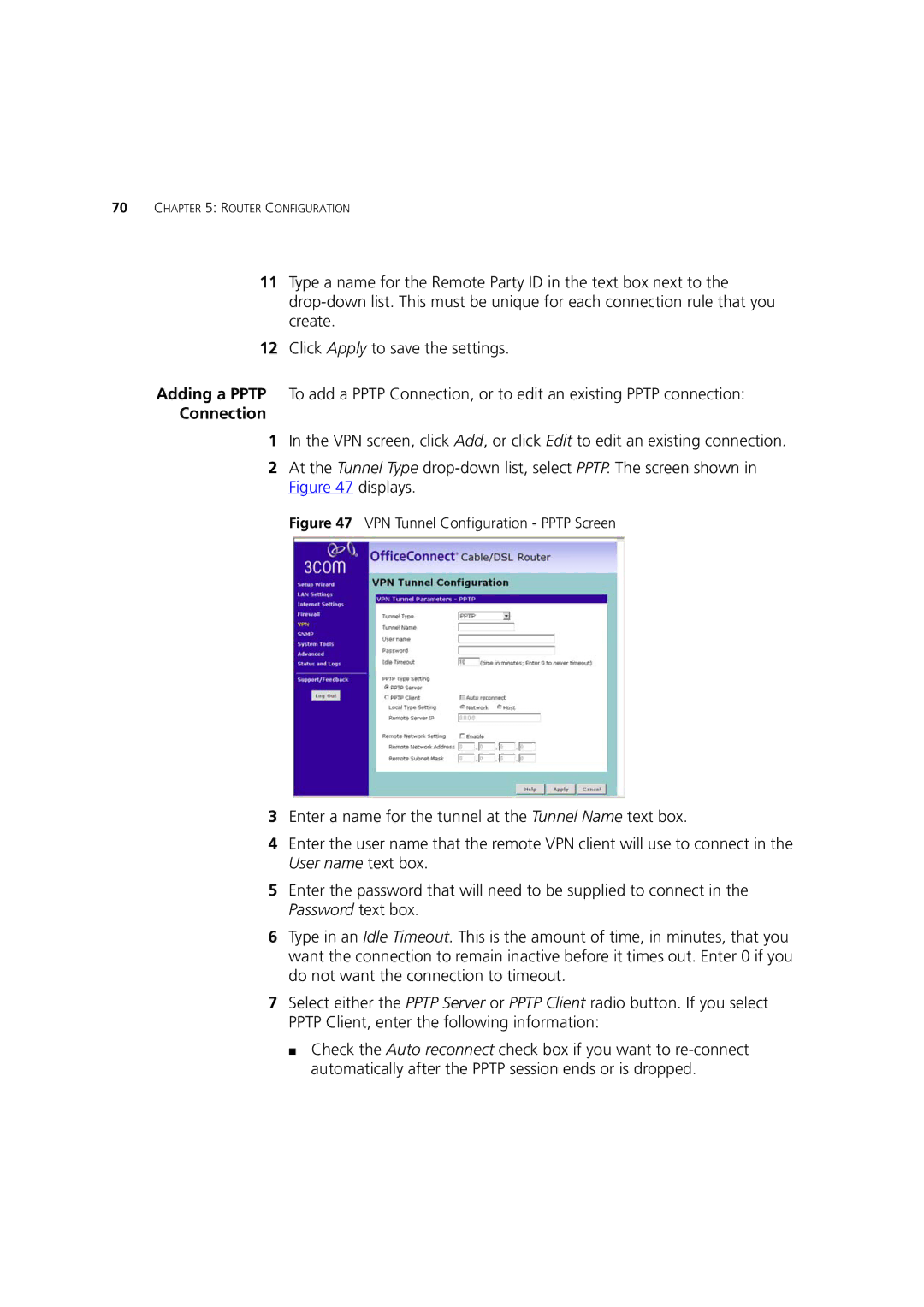 HP 100 Router manual VPN Tunnel Configuration Pptp Screen 