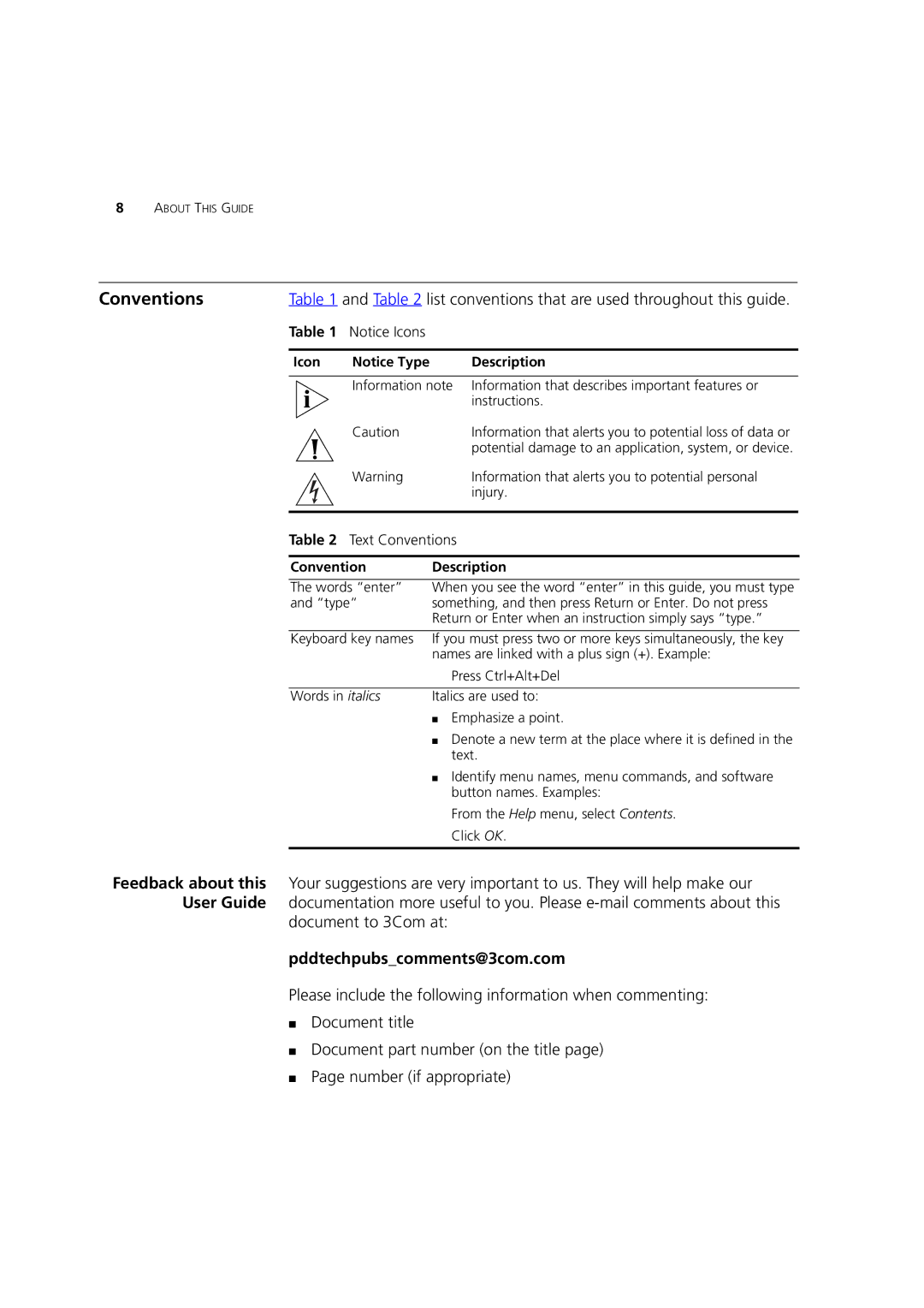 HP 100 Router manual Conventions, Document to 3Com at, Pddtechpubscomments@3com.com 