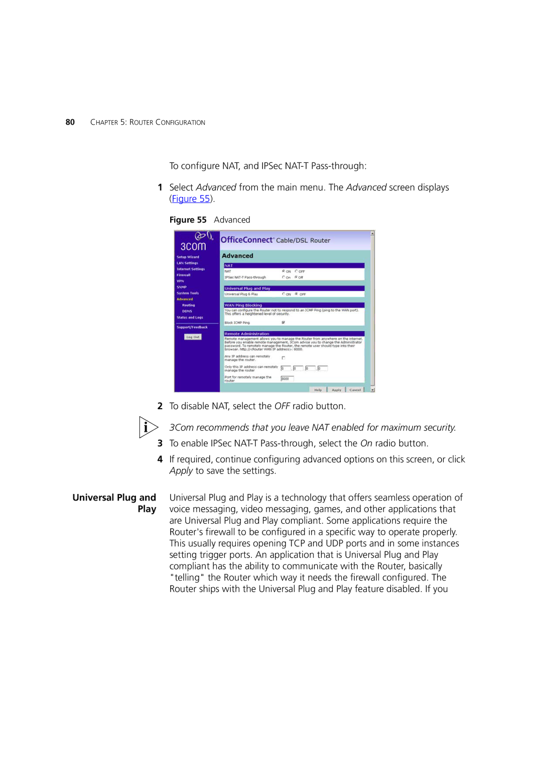 HP 100 Router manual To disable NAT, select the OFF radio button, Advanced 