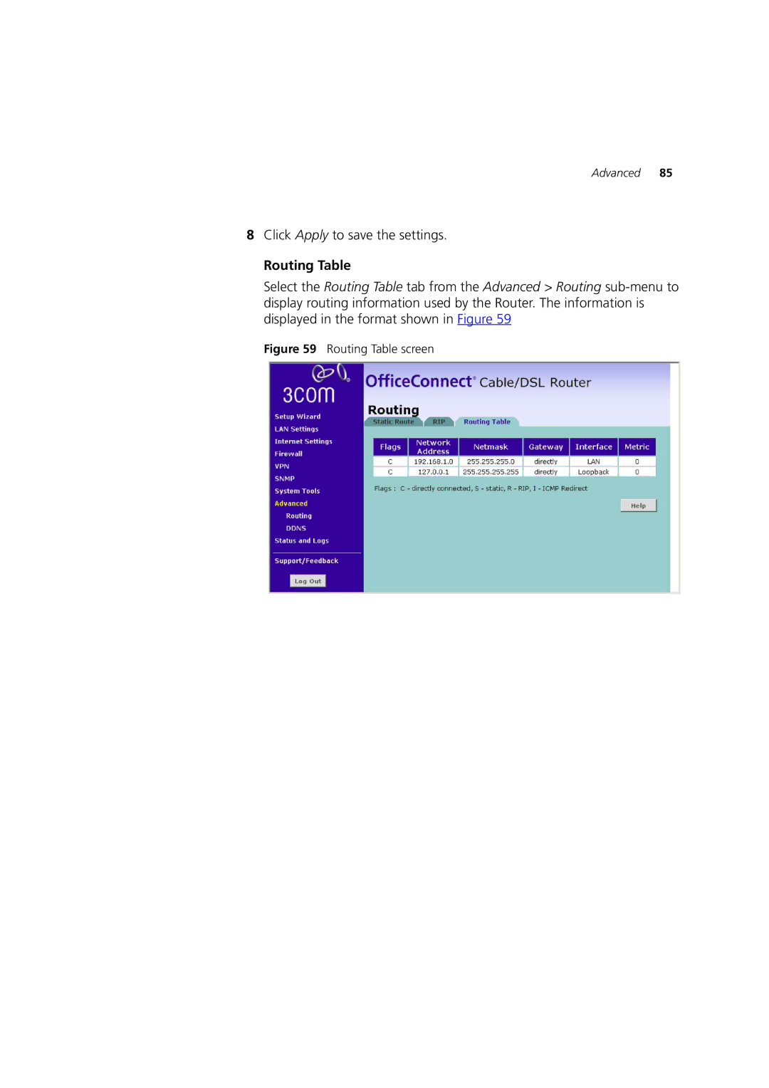 HP 100 Router manual Routing Table screen 