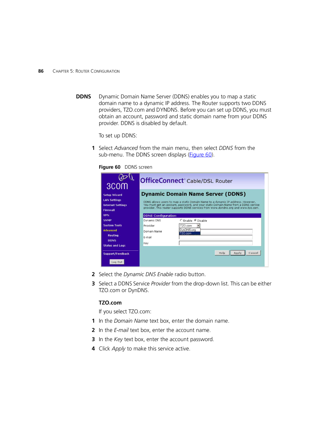 HP 100 Router manual Select the Dynamic DNS Enable radio button, TZO.com 