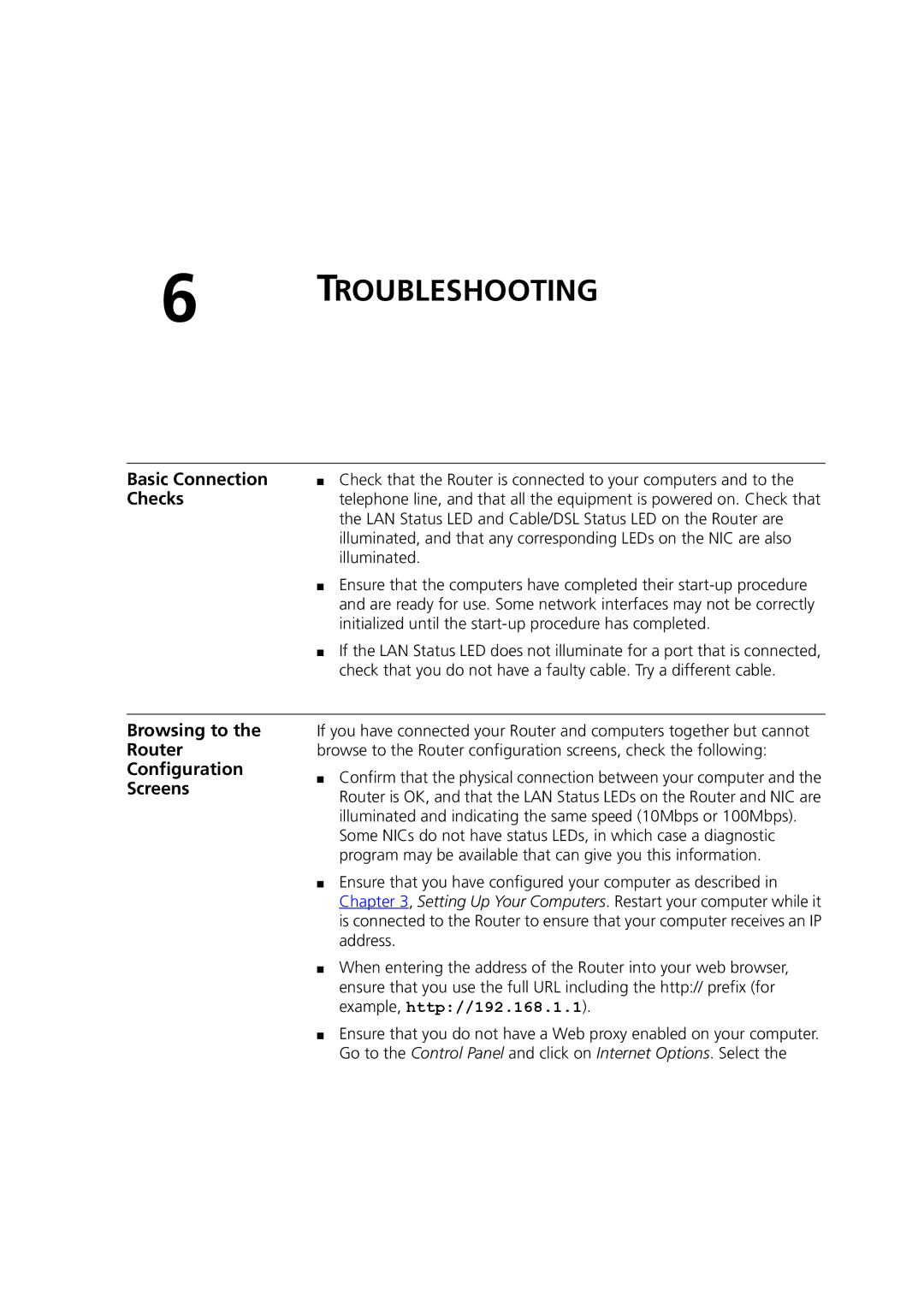 HP 100 Router manual Basic Connection, Checks, Browsing to the Router Configuration Screens 