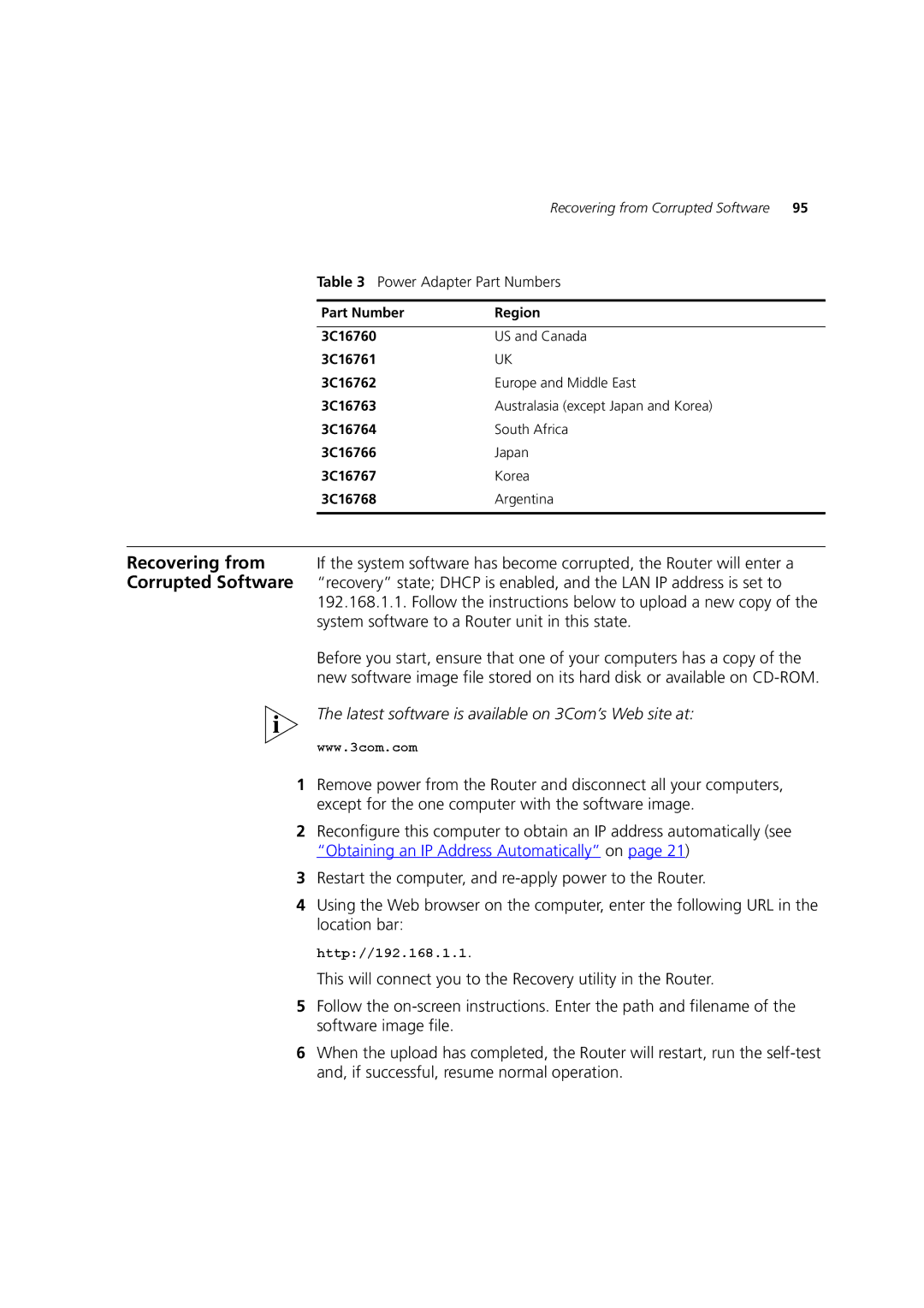 HP 100 Router manual Latest software is available on 3Com’s Web site at 