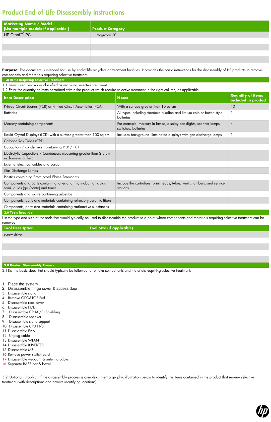 HP 100 manual Product End-of-Life Disassembly Instructions 