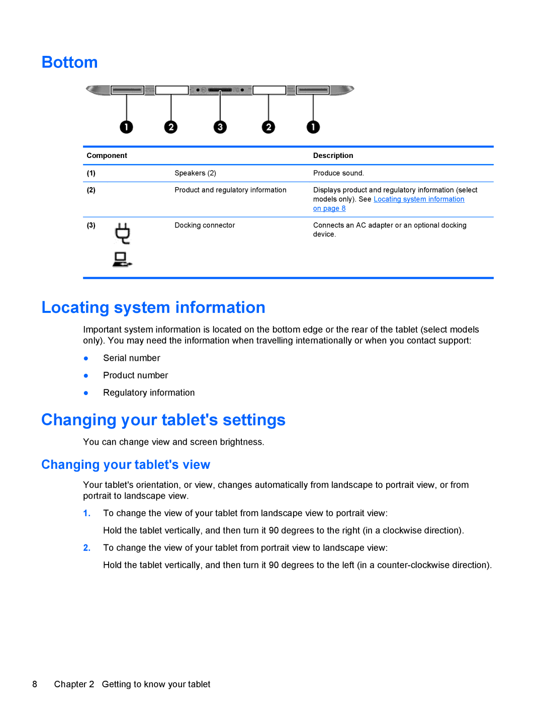 HP 1000 G2 manual Bottom, Locating system information, Changing your tablets settings, Changing your tablets view 