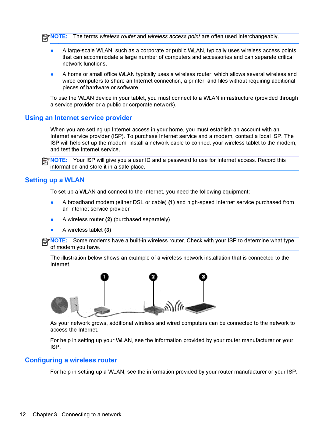 HP 1000 G2 manual Using an Internet service provider, Setting up a Wlan, Configuring a wireless router 