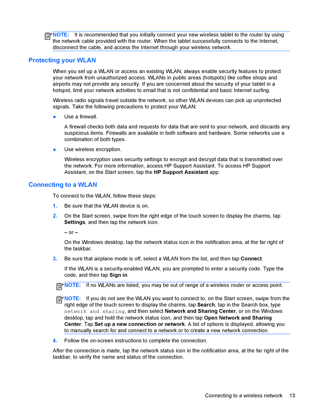 HP 1000 G2 manual Protecting your Wlan, Connecting to a Wlan 