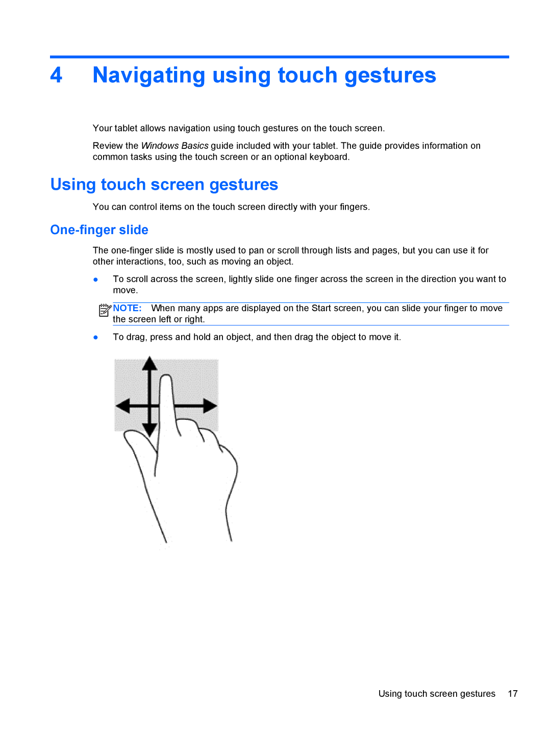 HP 1000 G2 manual Navigating using touch gestures, Using touch screen gestures, One-finger slide 