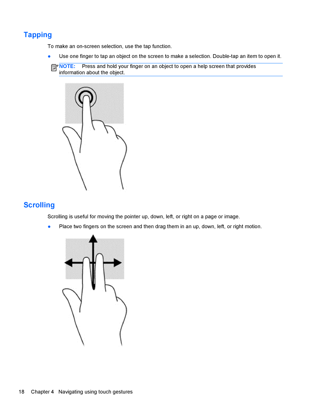 HP 1000 G2 manual Tapping, Scrolling 