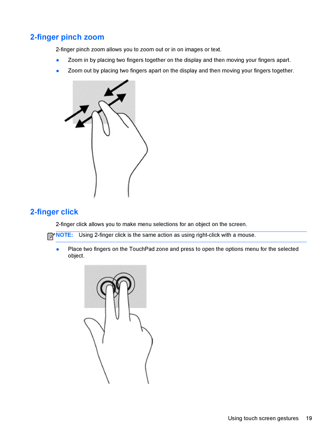 HP 1000 G2 manual Finger pinch zoom, Finger click 