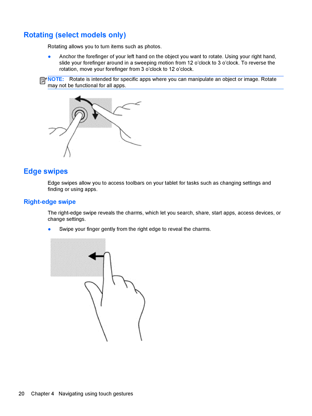 HP 1000 G2 manual Rotating select models only, Edge swipes, Right-edge swipe 