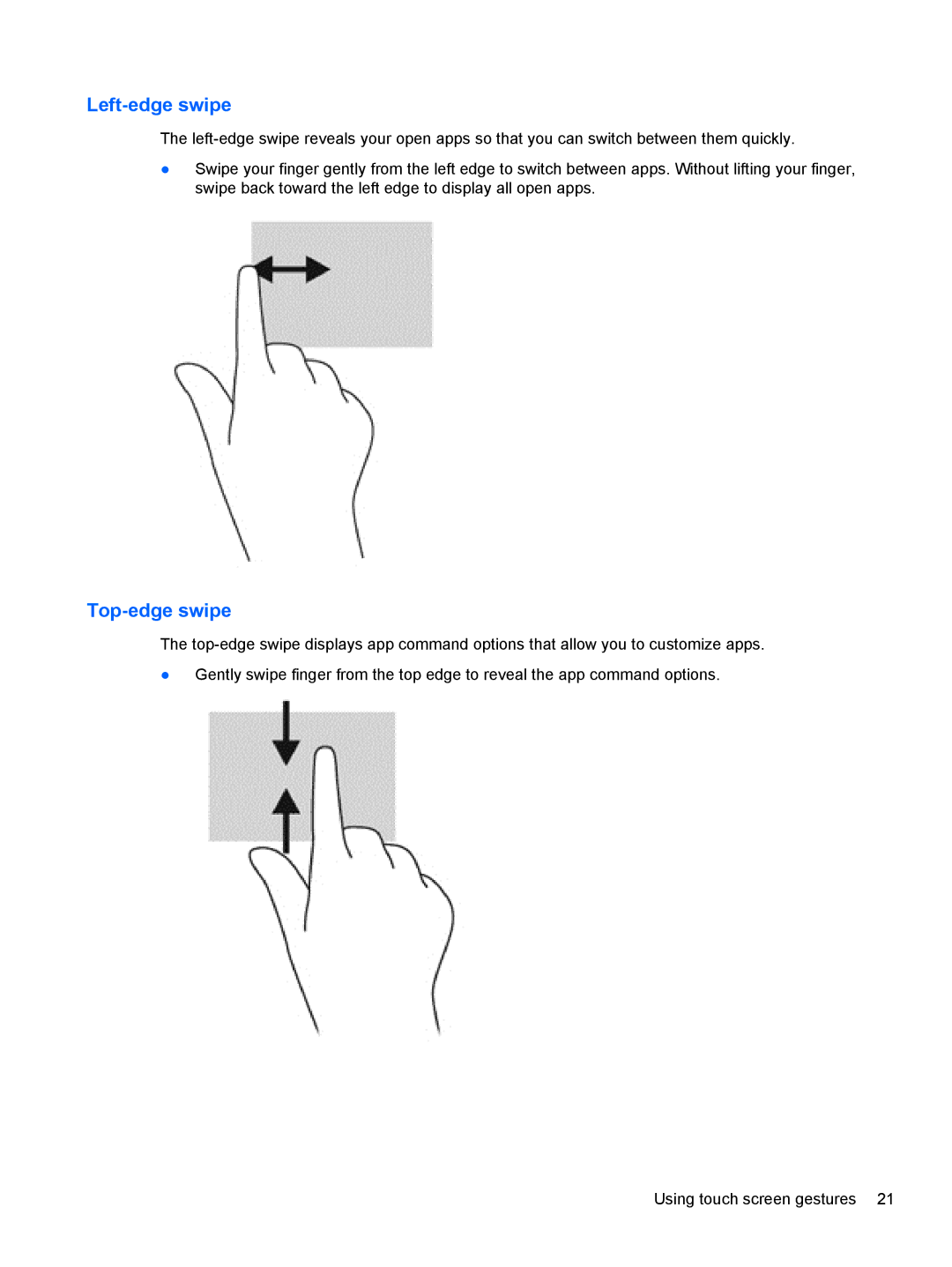 HP 1000 G2 manual Left-edge swipe, Top-edge swipe 