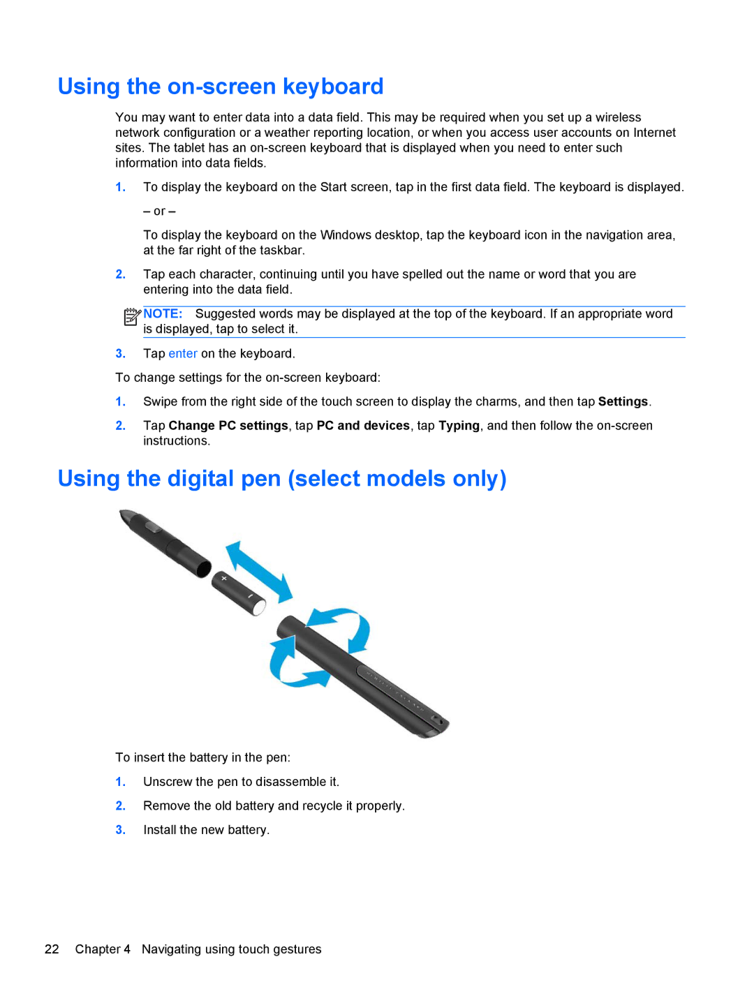 HP 1000 G2 manual Using the on-screen keyboard, Using the digital pen select models only 