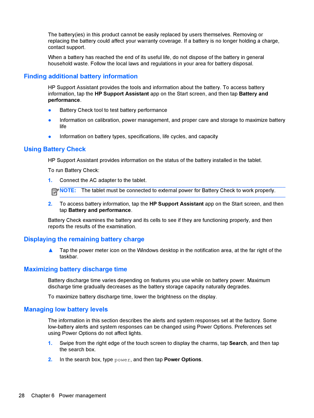 HP 1000 G2 manual Finding additional battery information, Using Battery Check, Displaying the remaining battery charge 