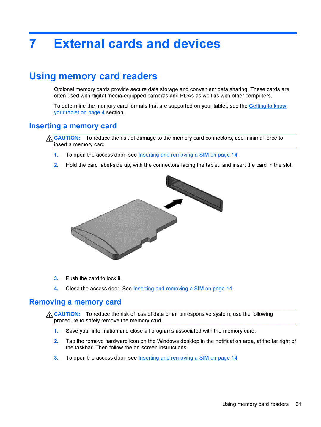 HP 1000 G2 manual External cards and devices, Using memory card readers, Inserting a memory card, Removing a memory card 