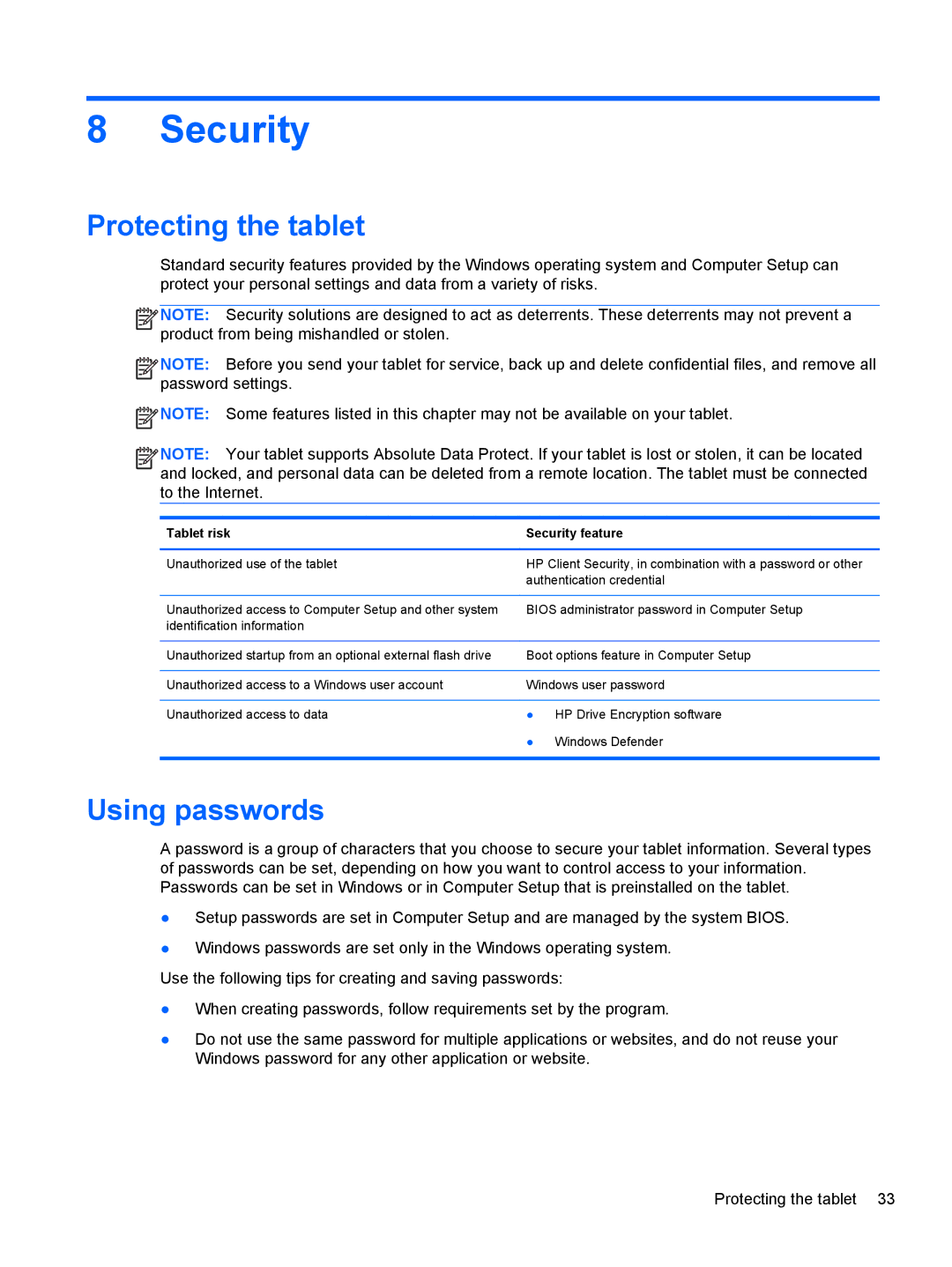 HP 1000 G2 manual Security, Protecting the tablet, Using passwords 