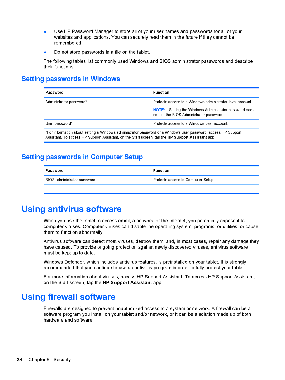 HP 1000 G2 manual Using antivirus software, Using firewall software, Setting passwords in Windows 