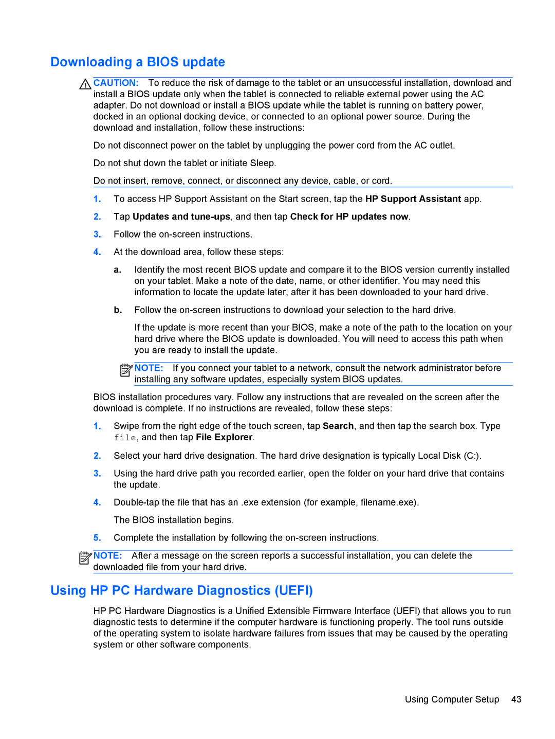 HP 1000 G2 manual Downloading a Bios update, Using HP PC Hardware Diagnostics Uefi 