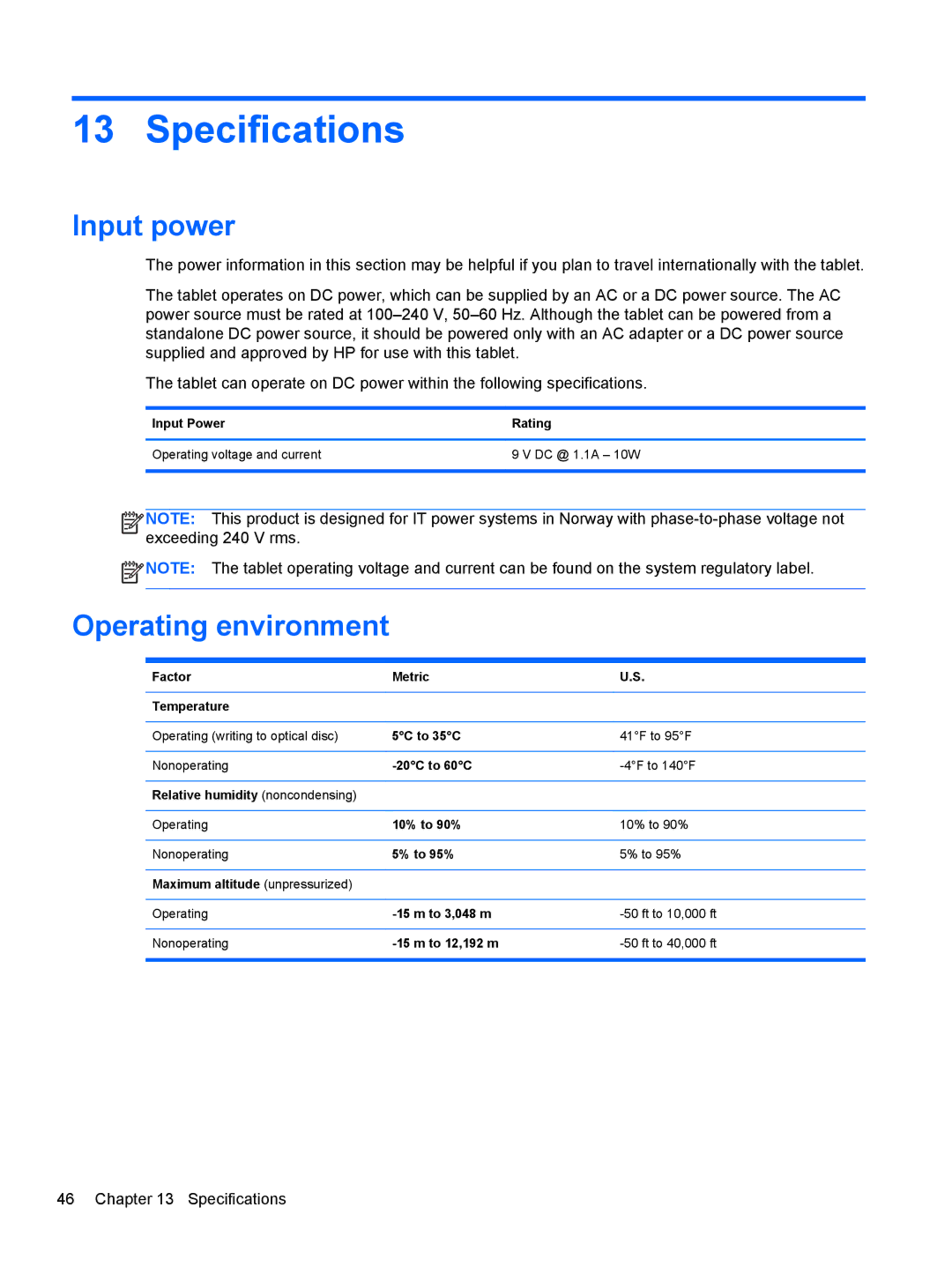 HP 1000 G2 manual Specifications, Input power, Operating environment 