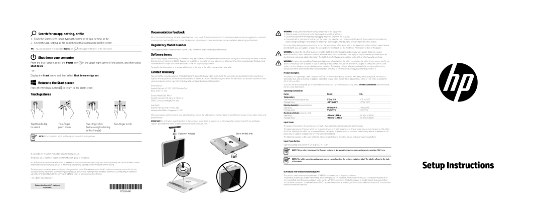 HP 1000 G2 manual Search for an app, setting, or file, Shut down your computer, Return to the Start screen, Touch gestures 