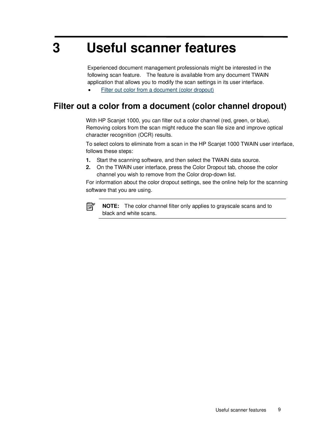 HP 1000 Mobile manual Useful scanner features, Filter out a color from a document color channel dropout 