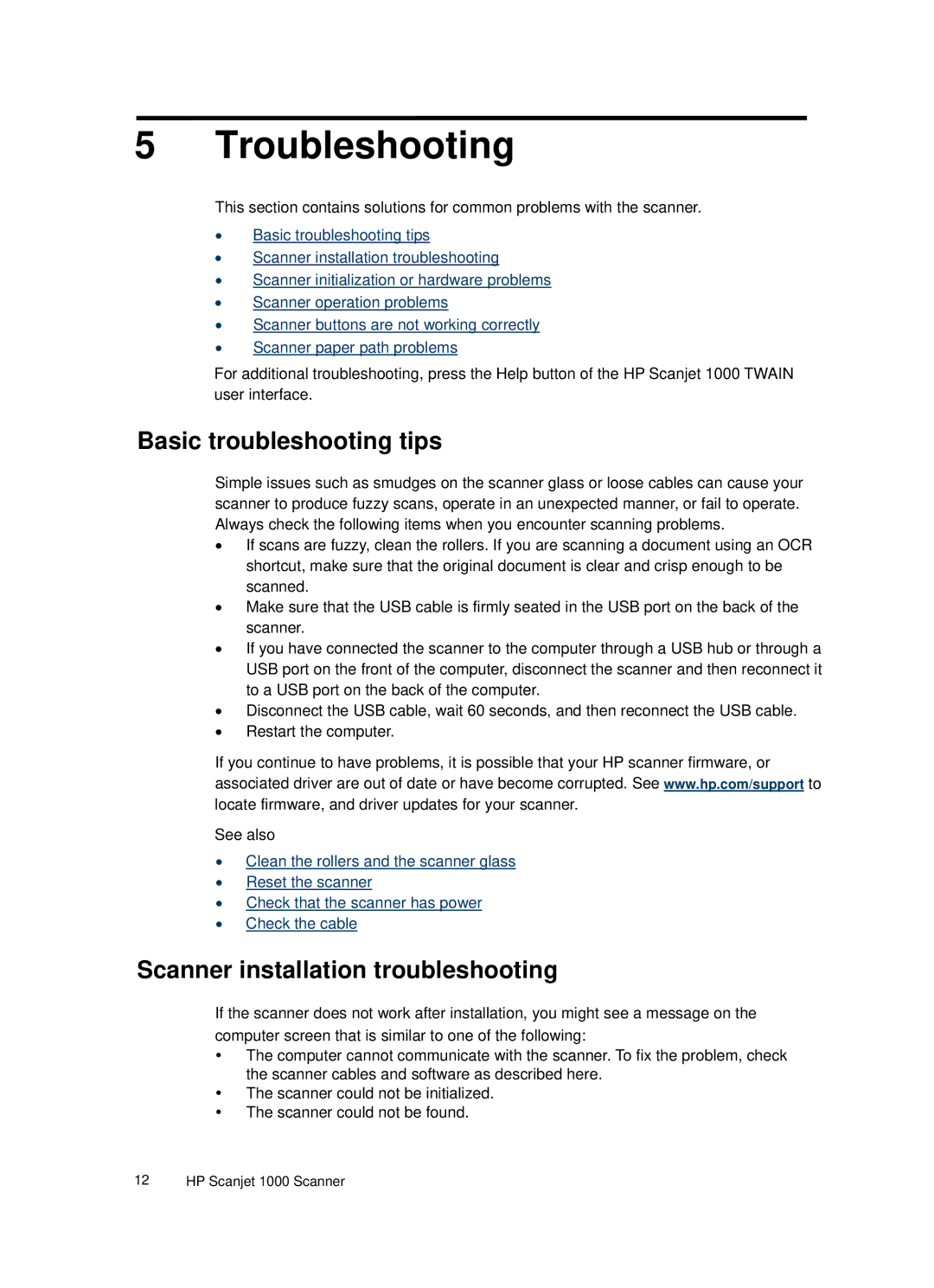 HP 1000 Mobile manual Troubleshooting, Basic troubleshooting tips, Scanner installation troubleshooting 