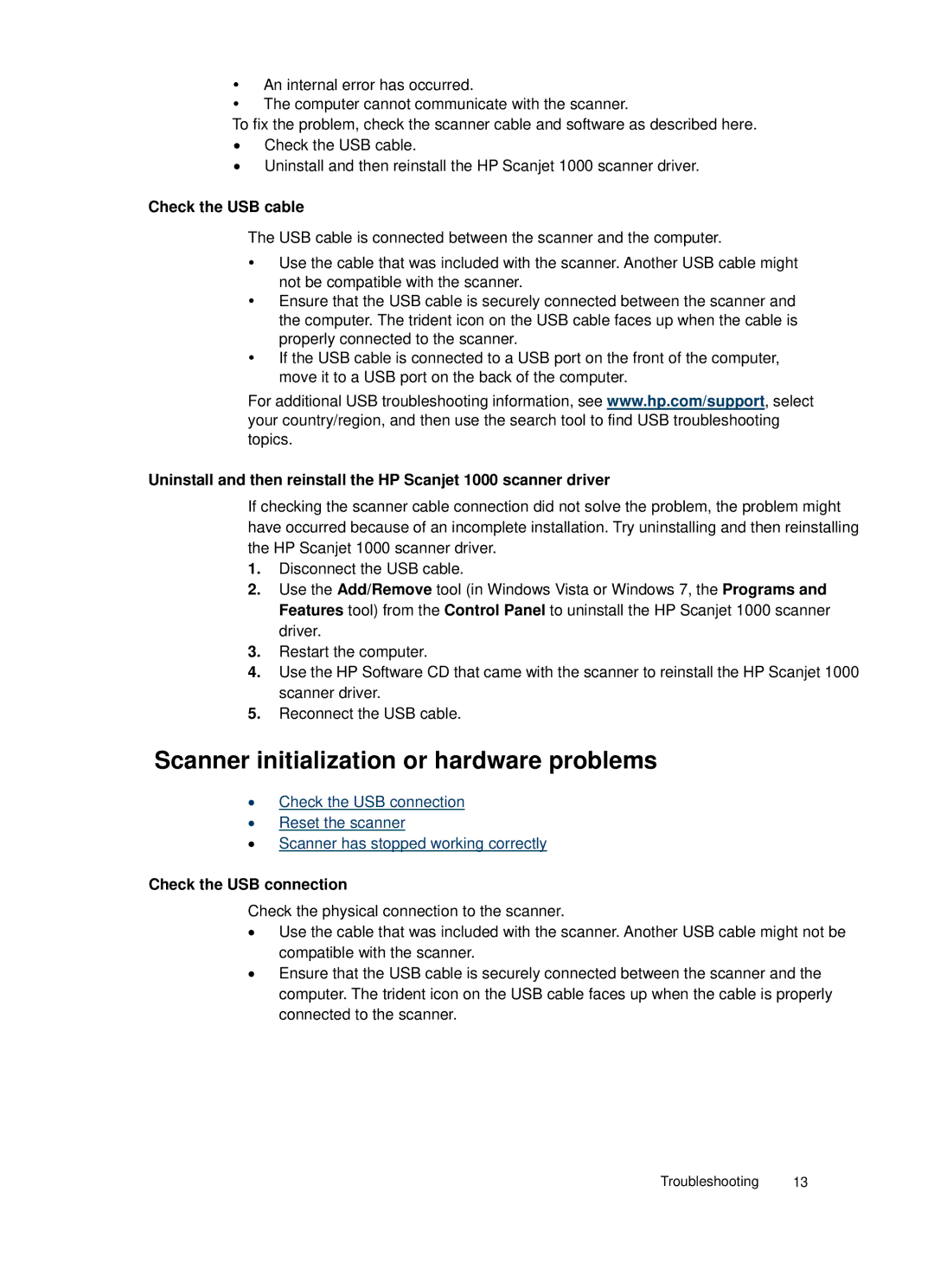 HP 1000 Mobile manual Scanner initialization or hardware problems, Check the USB cable, Check the USB connection 