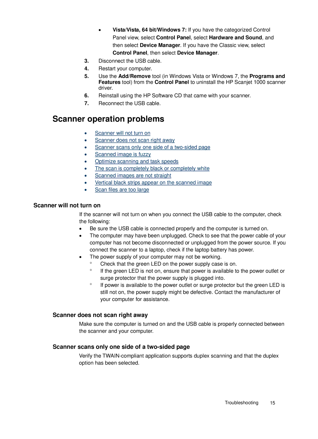 HP 1000 Mobile manual Scanner operation problems, Scanner will not turn on, Scanner does not scan right away 