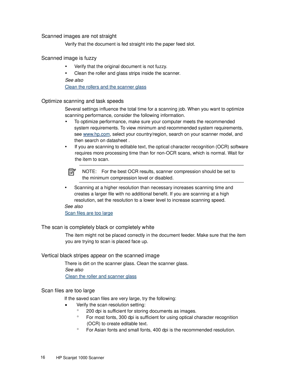 HP 1000 Mobile manual Scanned images are not straight, Scanned image is fuzzy, Optimize scanning and task speeds 