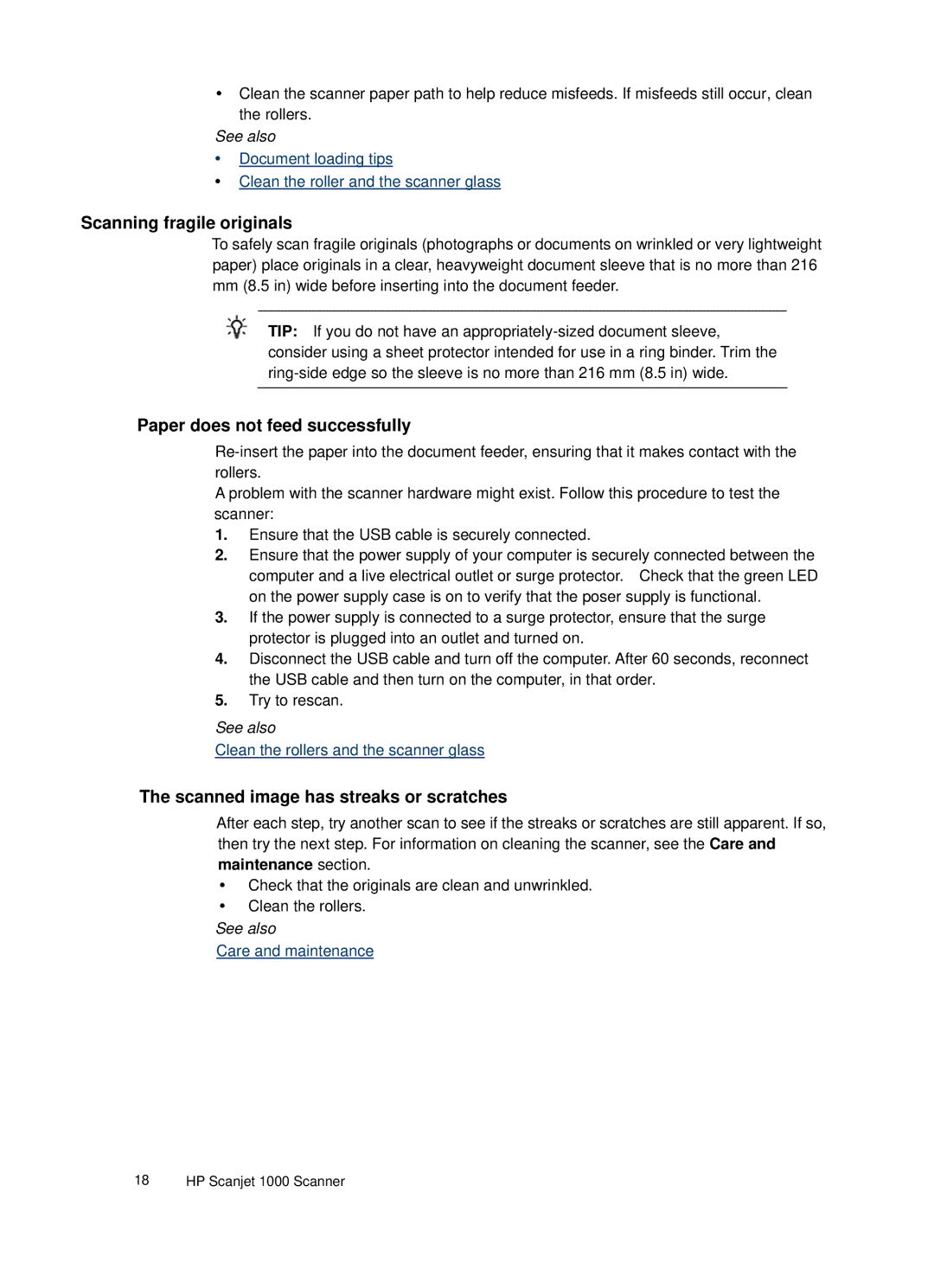HP 1000 Mobile manual Scanning fragile originals, Paper does not feed successfully, Scanned image has streaks or scratches 
