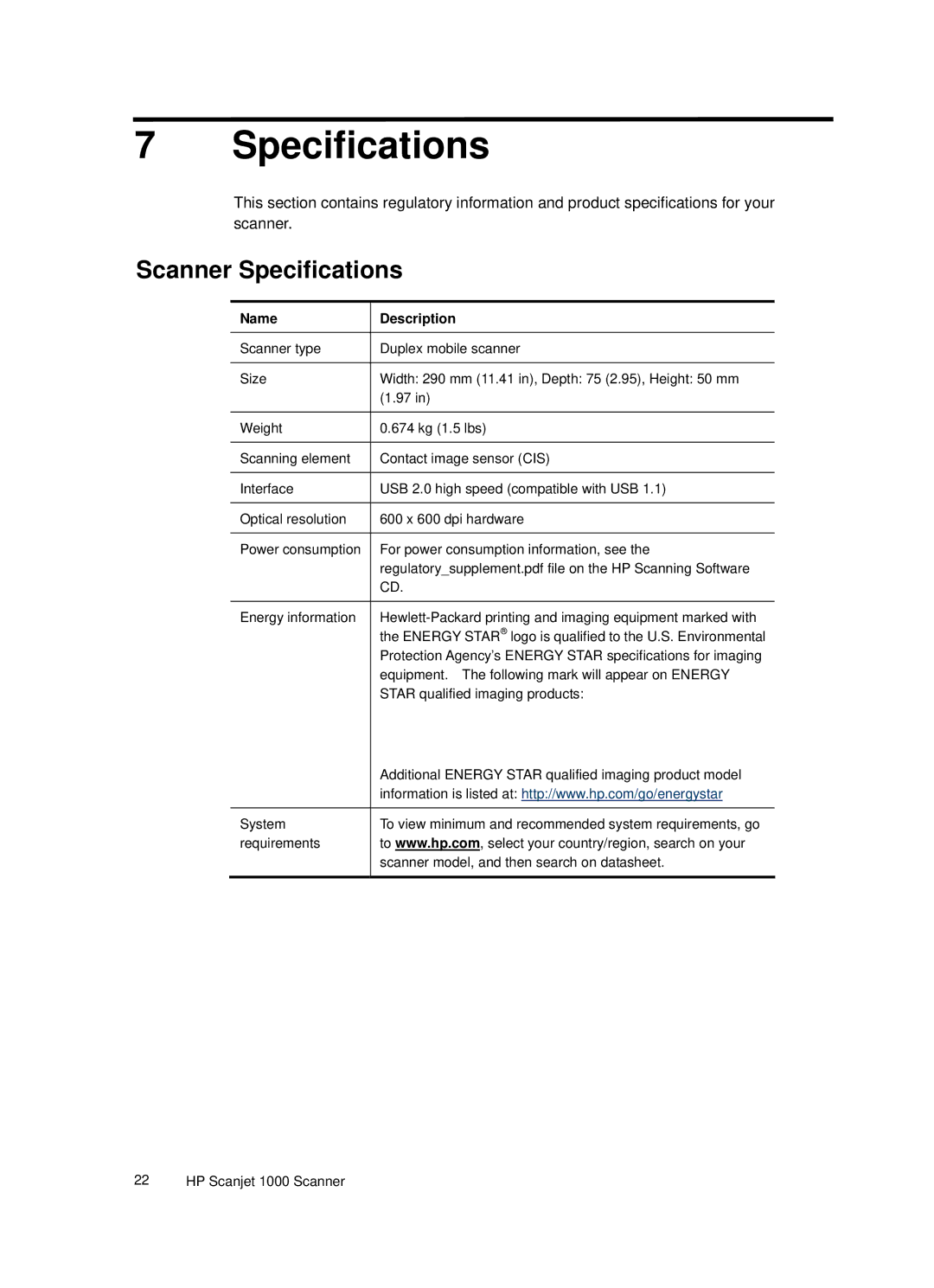 HP 1000 Mobile manual Scanner Specifications 