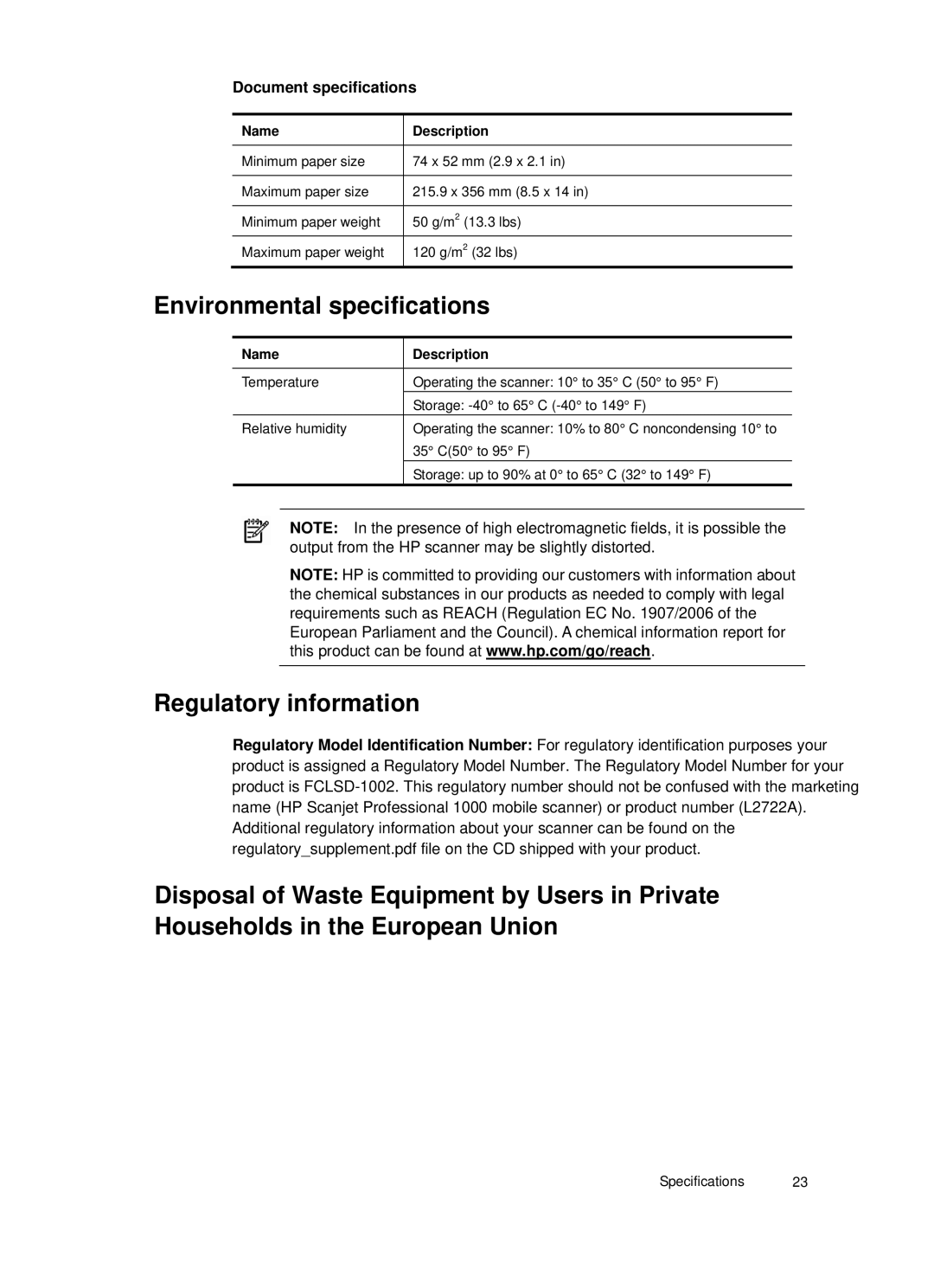 HP 1000 Mobile manual Environmental specifications, Document specifications 