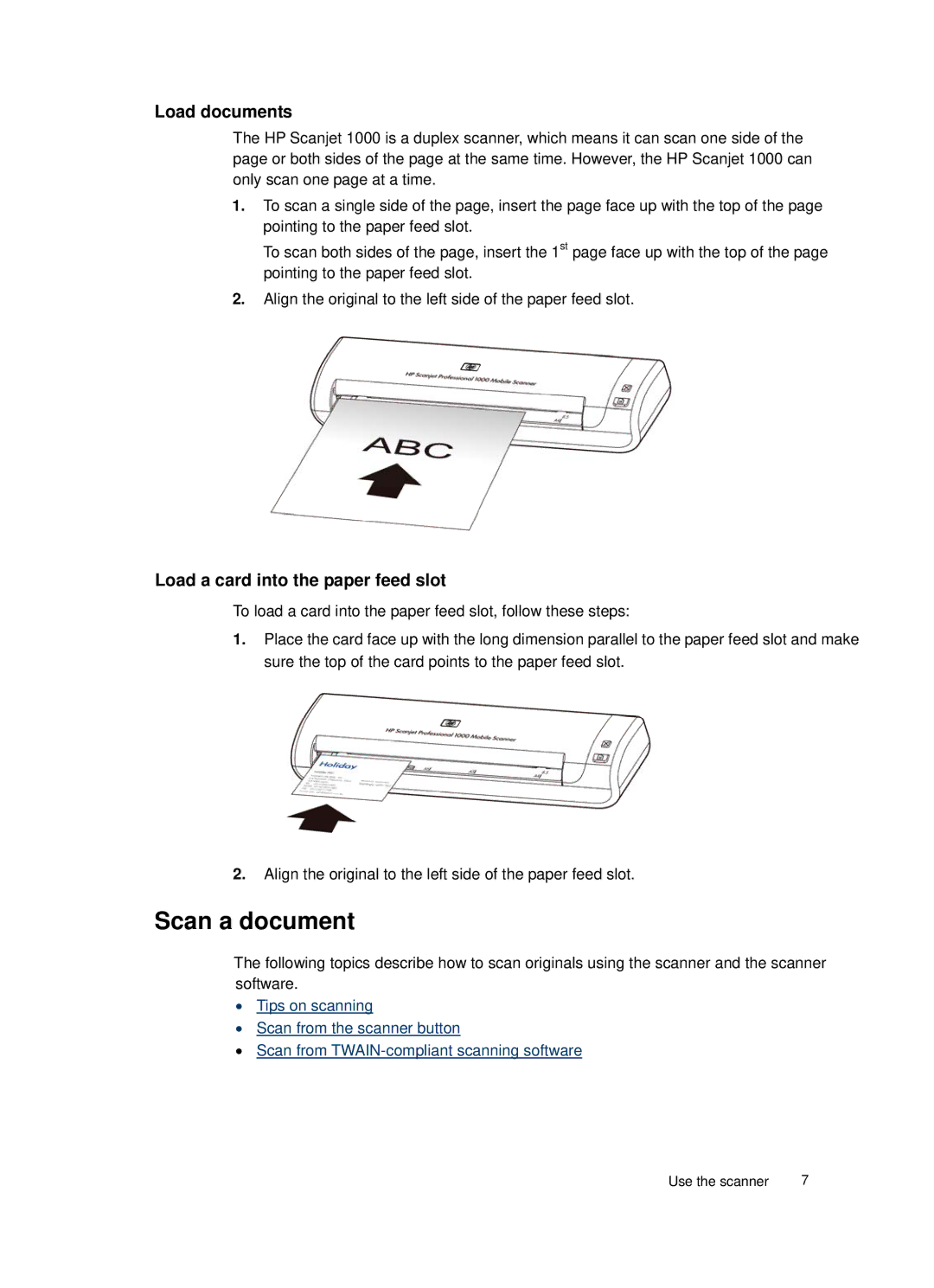 HP 1000 Mobile manual Scan a document, Load documents, Load a card into the paper feed slot 