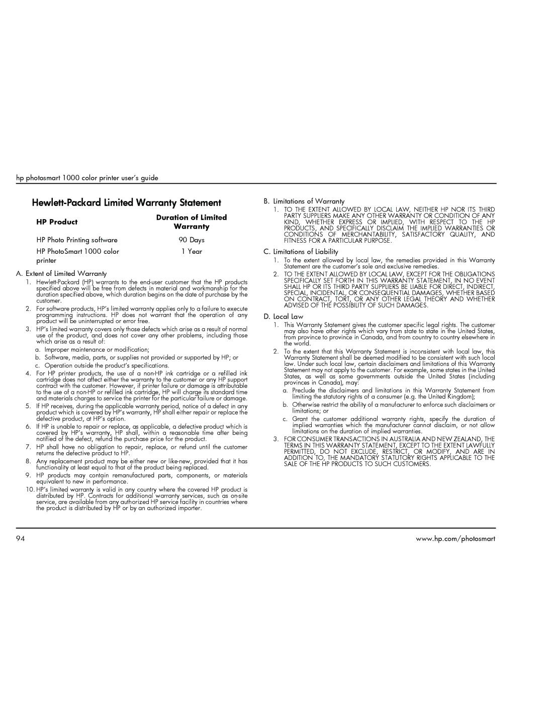 HP 1000 manual Hewlett-Packard Limited Warranty Statement 