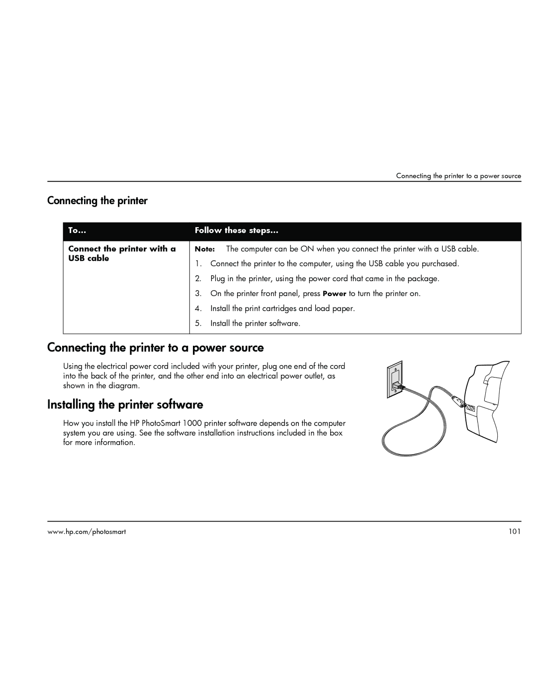 HP 1000 Connecting the printer to a power source, Installing the printer software, Connect the printer with a USB cable 