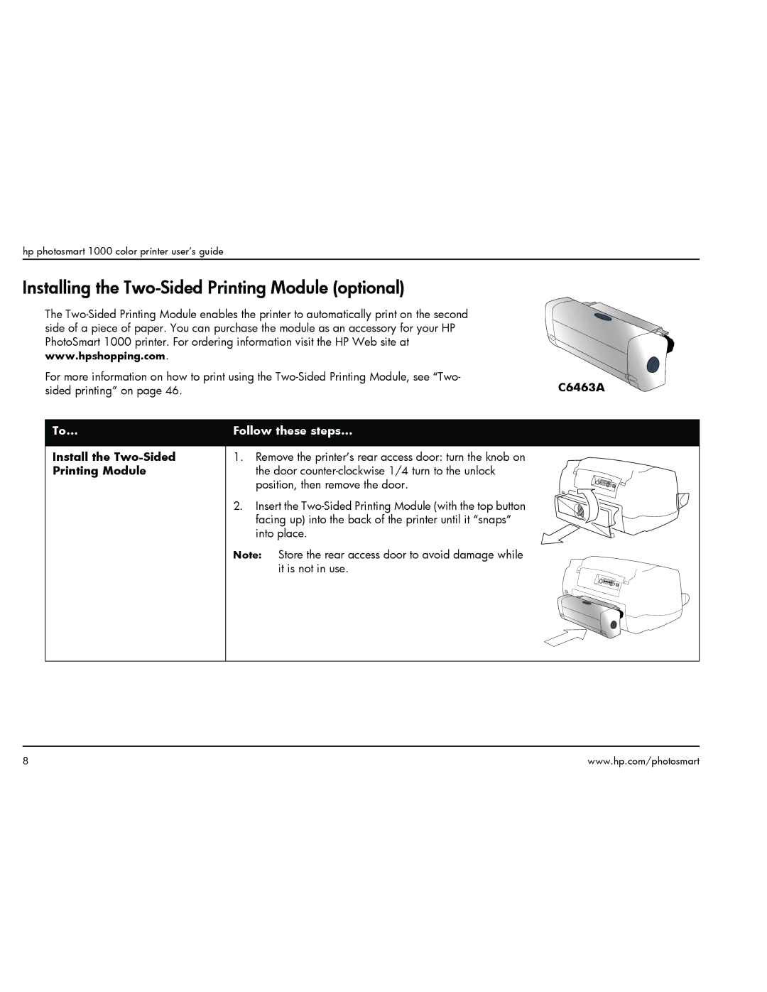 HP 1000 manual Installing the Two-Sided Printing Module optional, C6463A, Install the Two-Sided 