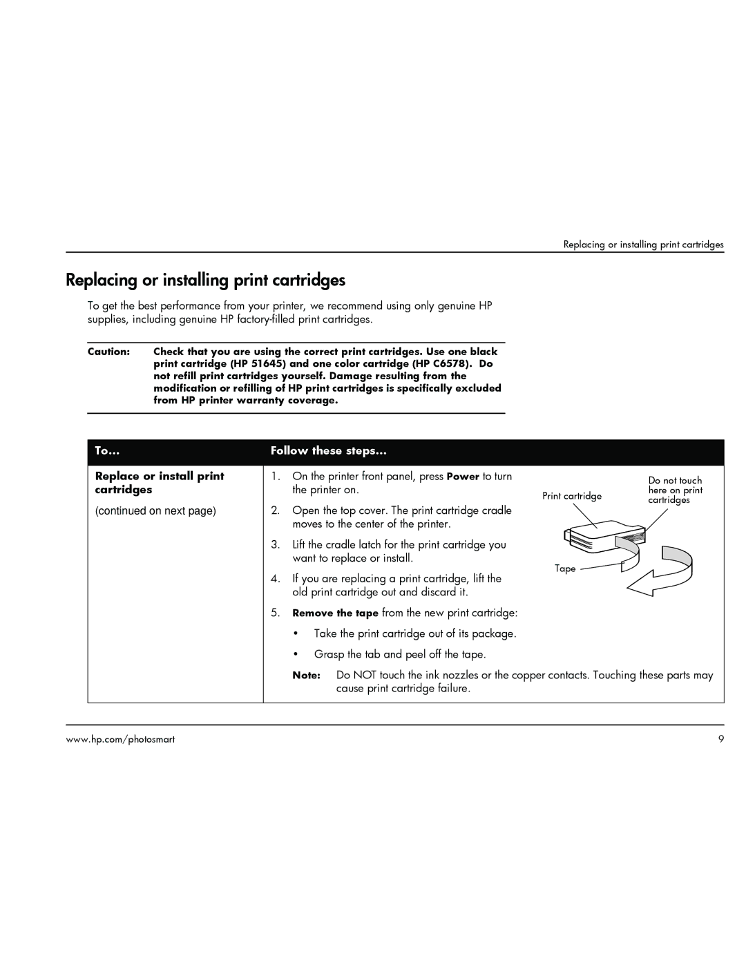 HP 1000 manual Replacing or installing print cartridges, Replace or install print, Cartridges 