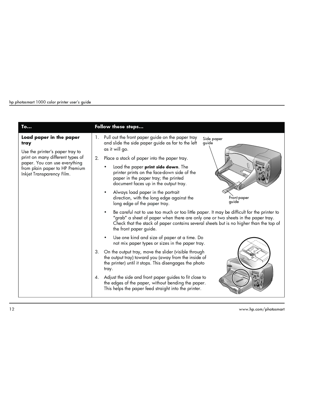 HP 1000 manual Load paper in the paper, Tray 