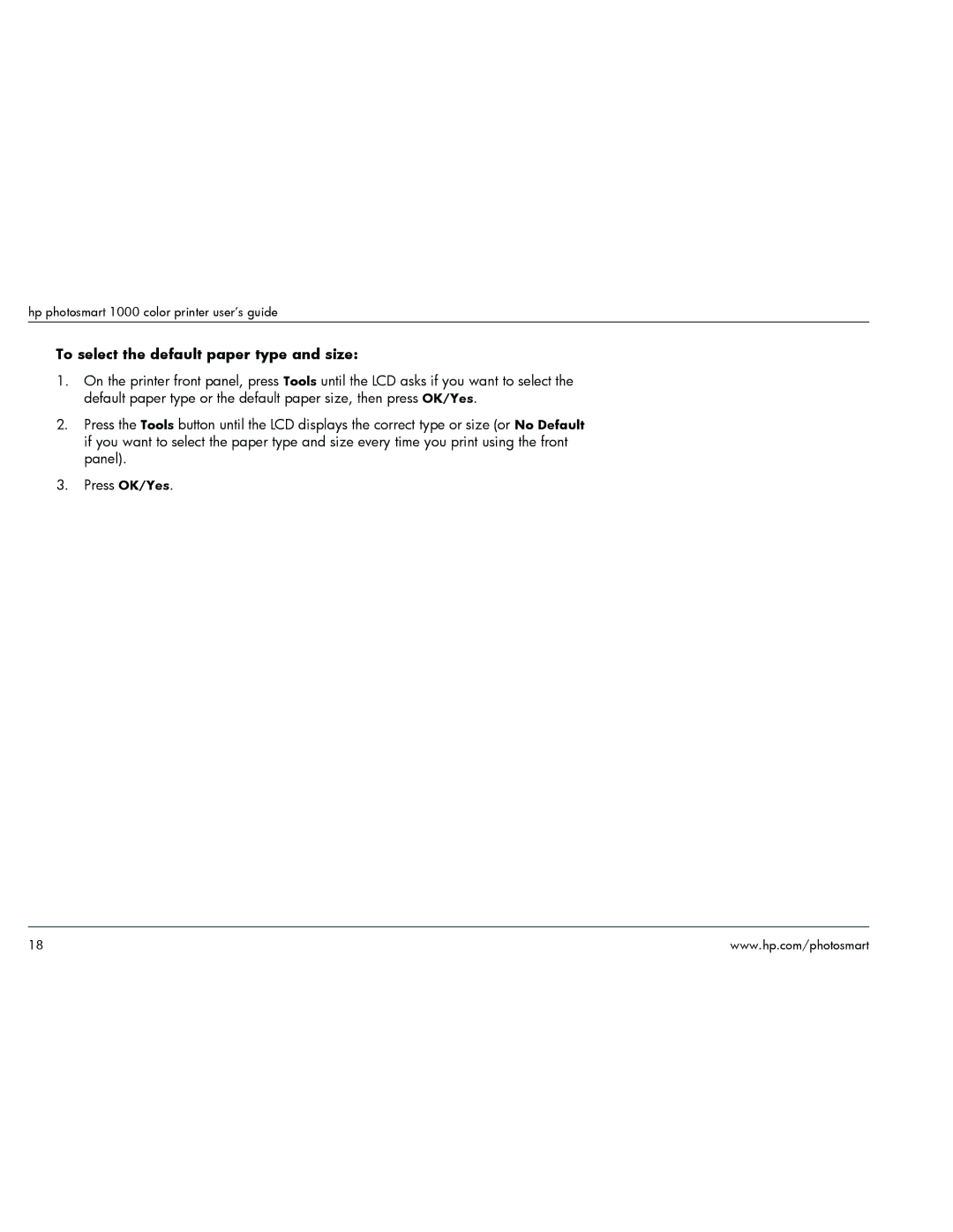 HP 1000 manual To select the default paper type and size 