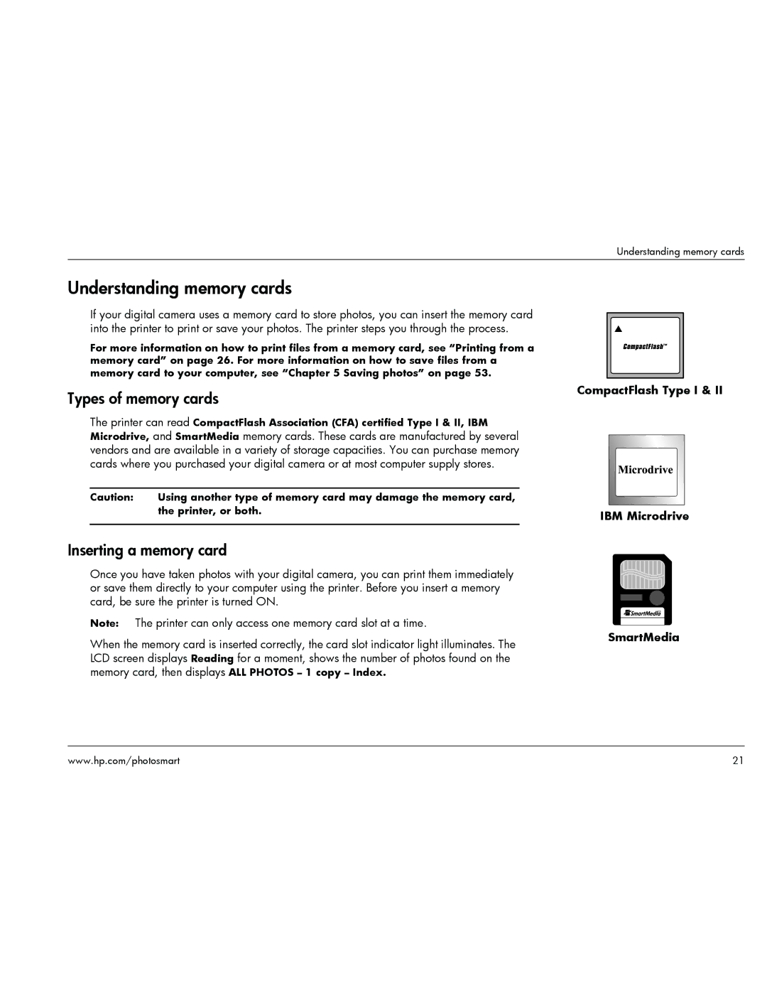 HP 1000 manual Understanding memory cards, Types of memory cards, Inserting a memory card 