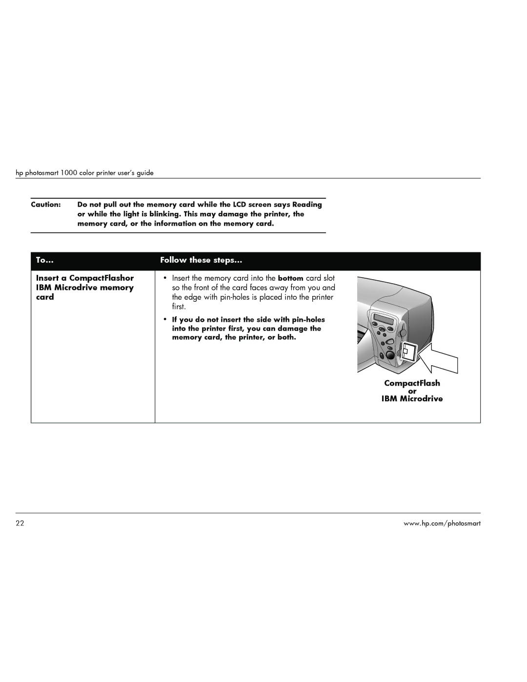 HP 1000 manual Insert a CompactFlashor, IBM Microdrive memory, Card, CompactFlash IBM Microdrive 