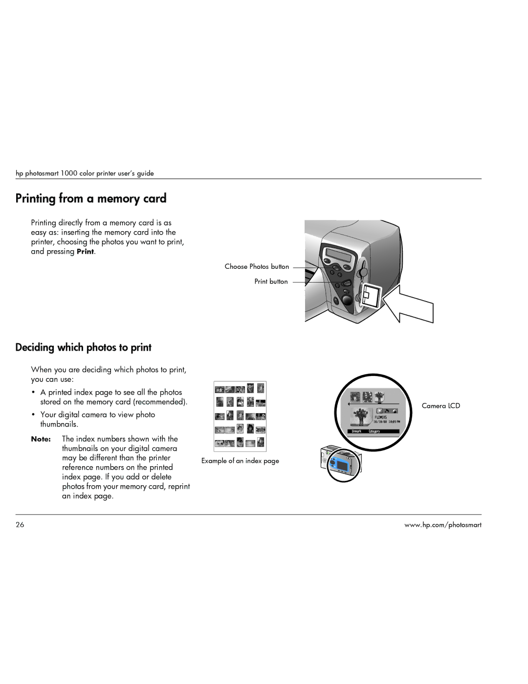 HP 1000 manual Printing from a memory card, Deciding which photos to print 