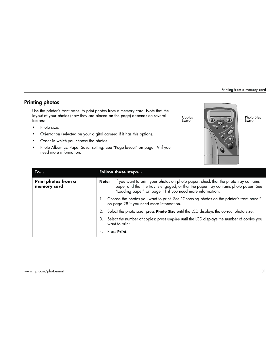 HP 1000 manual Printing photos, Print photos from a Memory card 