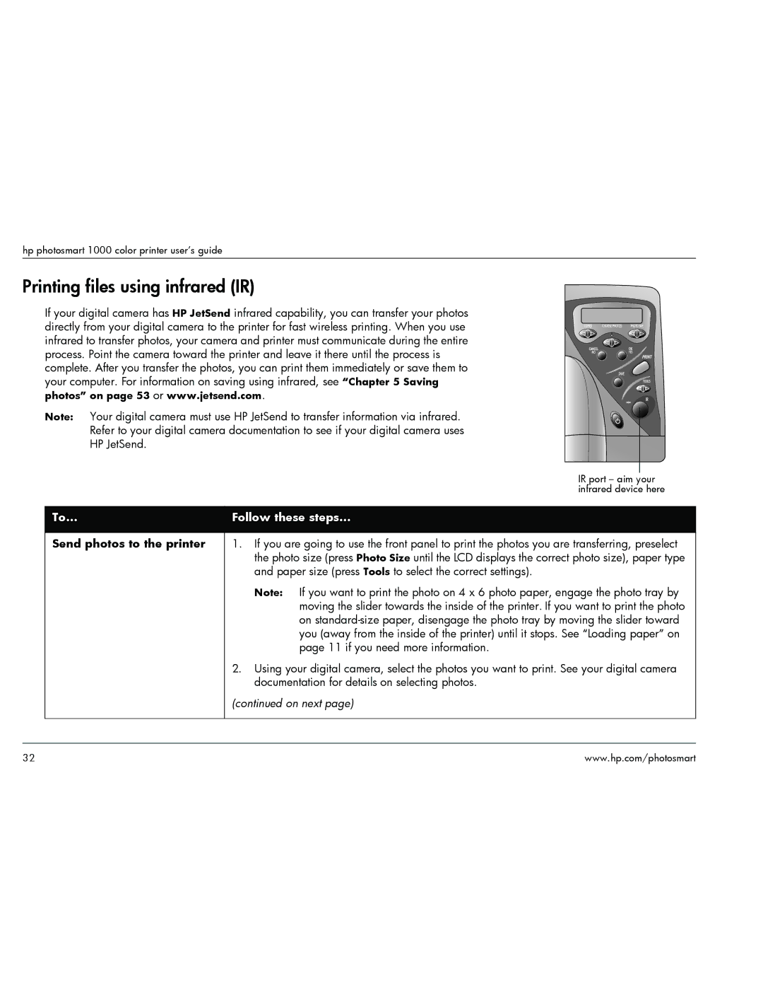 HP 1000 manual Printing files using infrared IR, Send photos to the printer 