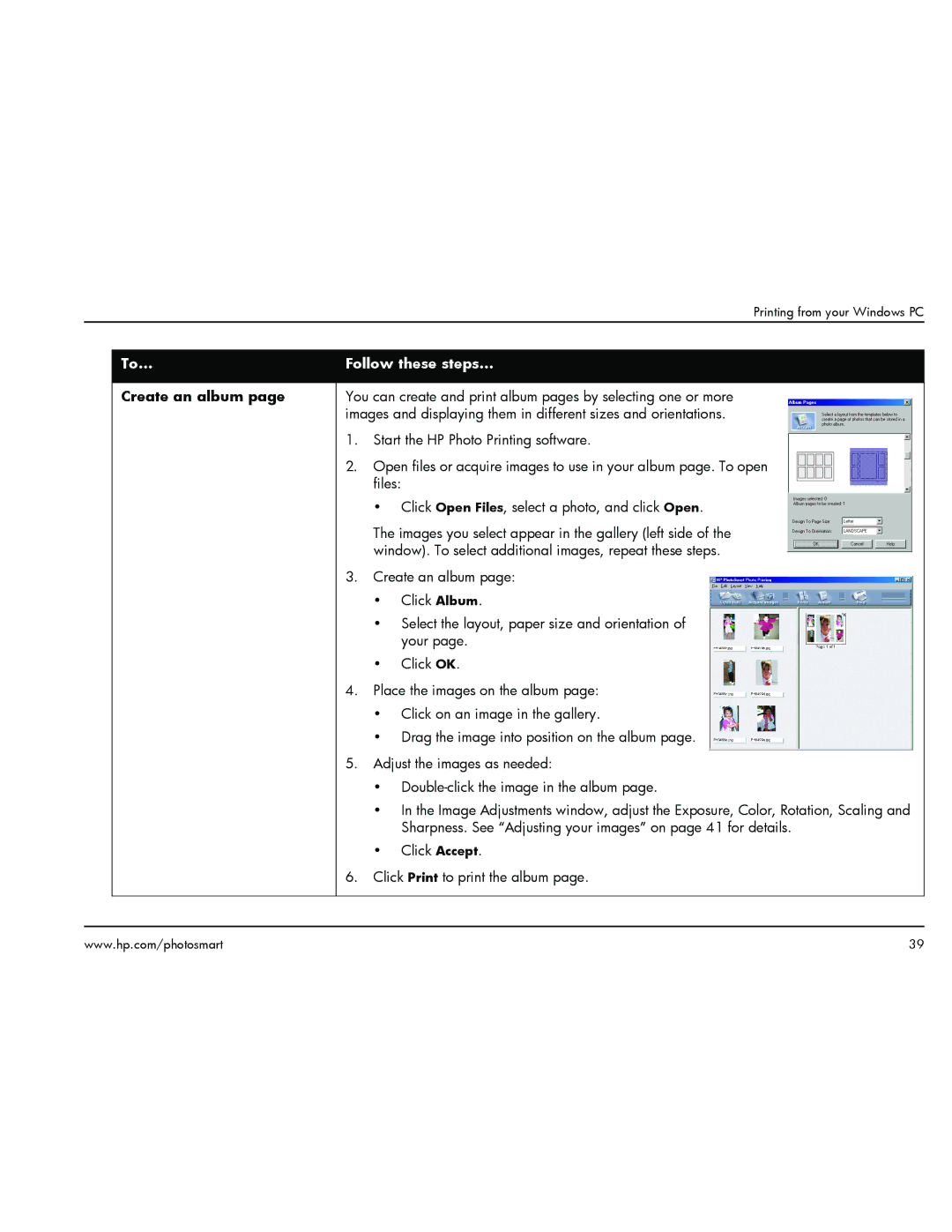 HP 1000 manual Create an album 