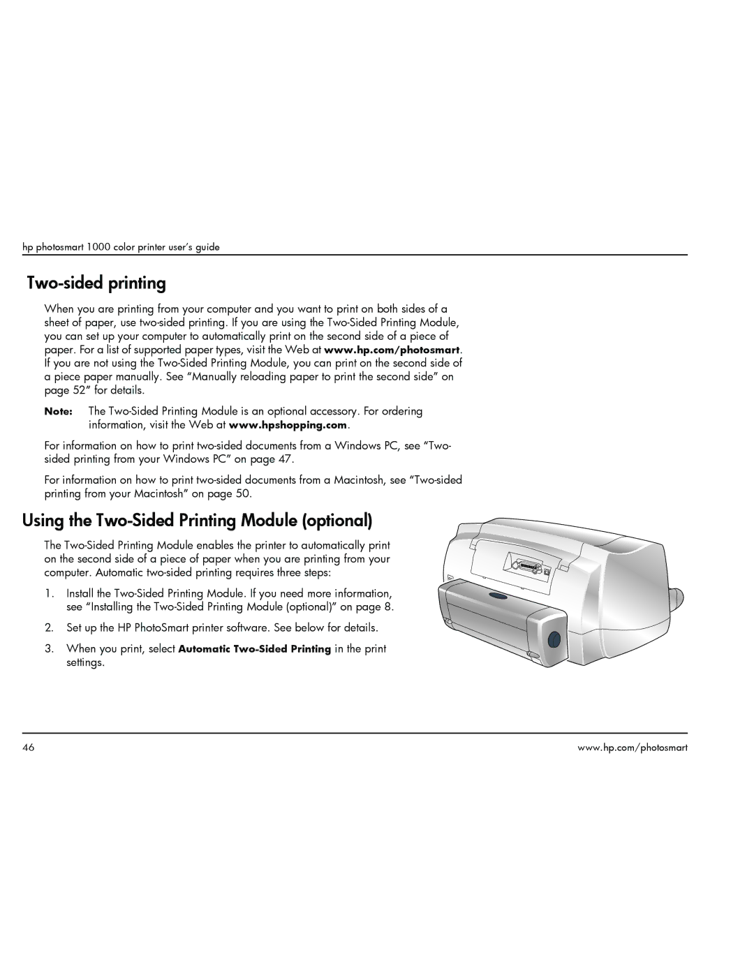 HP 1000 manual Two-sided printing, Using the Two-Sided Printing Module optional 