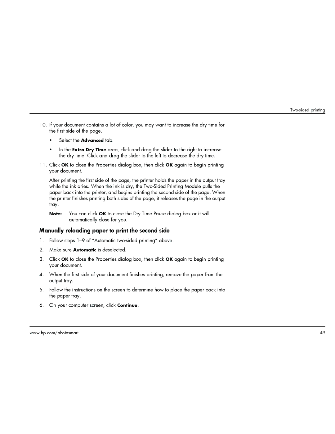 HP 1000 manual Manually reloading paper to print the second side 