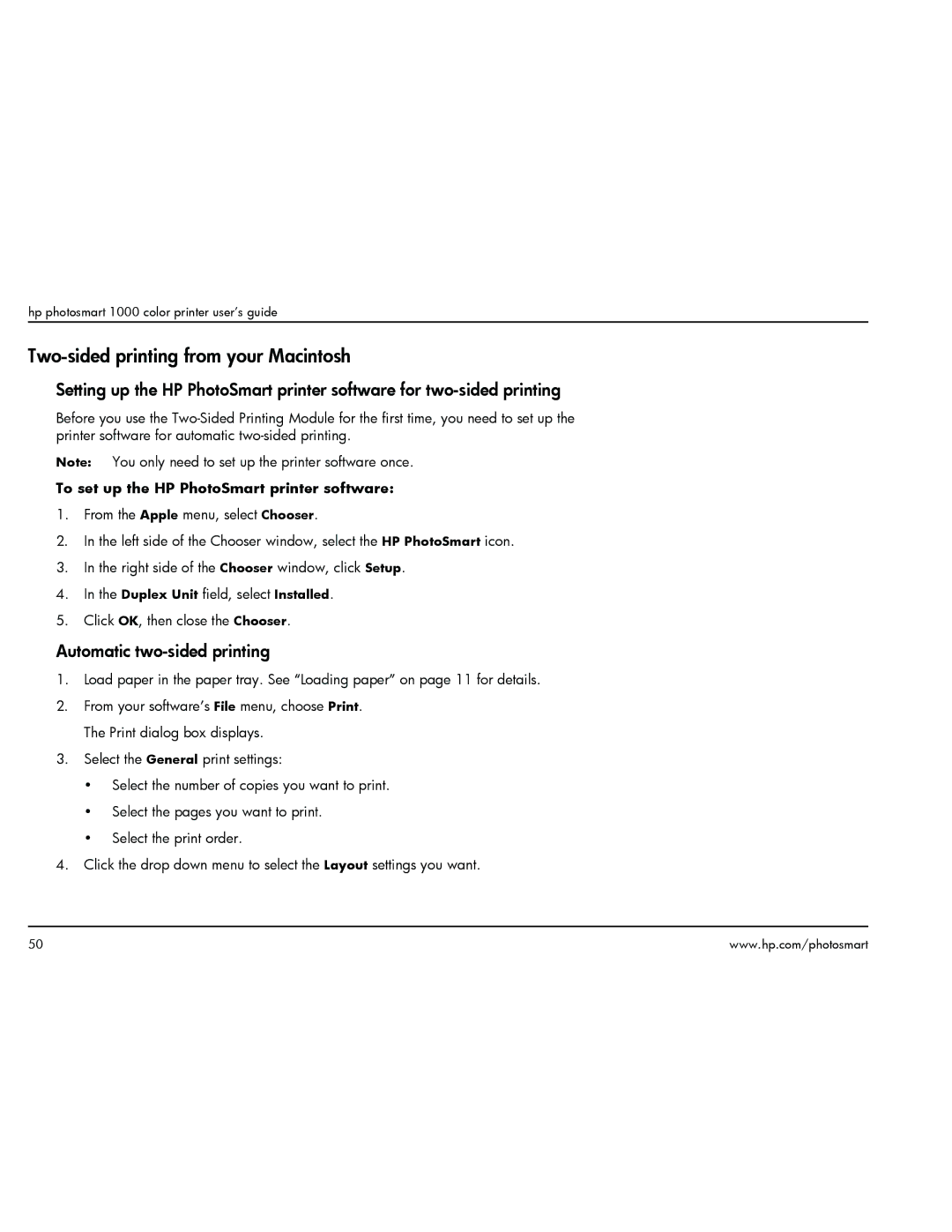 HP 1000 manual Two-sided printing from your Macintosh, To set up the HP PhotoSmart printer software 